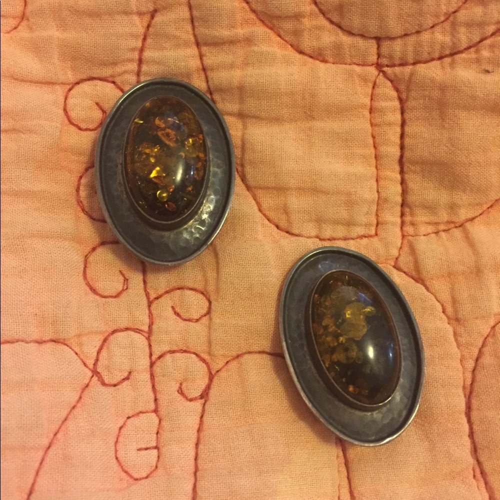 Amber and sterling silver post earrings